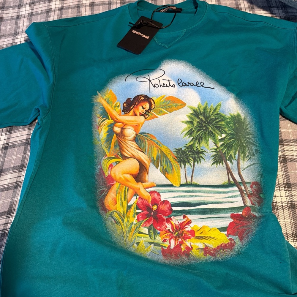 Roberto Cavalli Teal Tropical Graphic Tee - Picture 4 of 5
